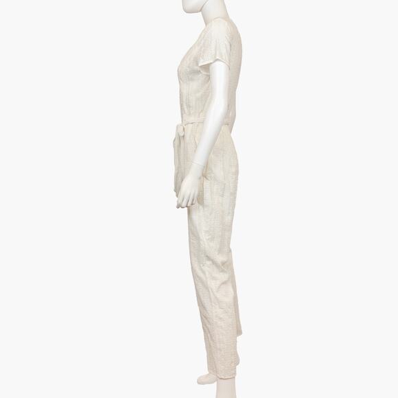 NWT VICI Textured Short-Sleeve V-Neck Belted Button-Up Jumpsuit (White | Size M) - Picture 3 of 11